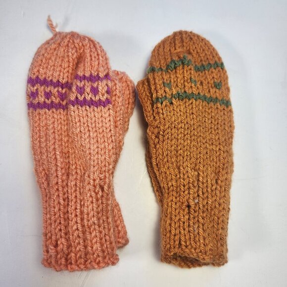 Hand Knit Mittens Lot of 2 Childrens 7" Long - Picture 1 of 6